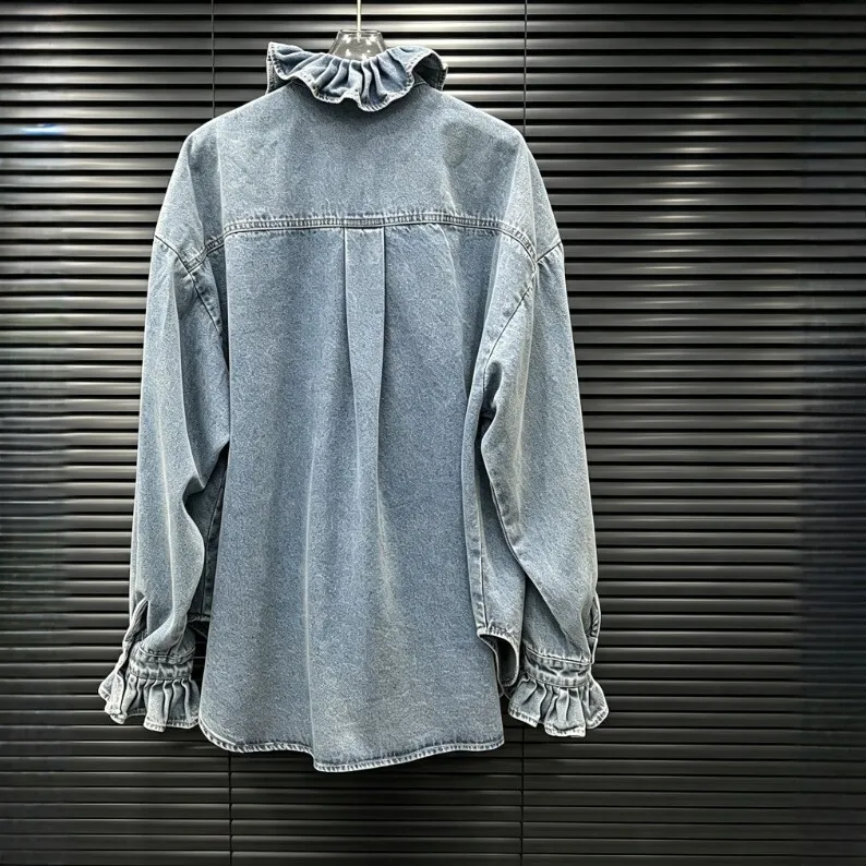 Casual Ruffle Set Slim Fit with Distressed Wash Wrinkle Detail 3D Effect Pattern Literary Retro Long Sleeve Autumn Women Suit