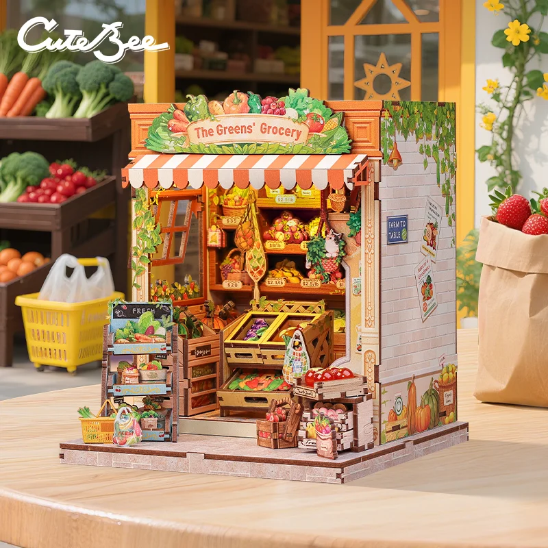 

CUTEBEE DIY Book Nook Kit Miniature Model Wooden Dollhouse with LED Light Bookshelf Insert Fruit Shop for The Green's Grocery