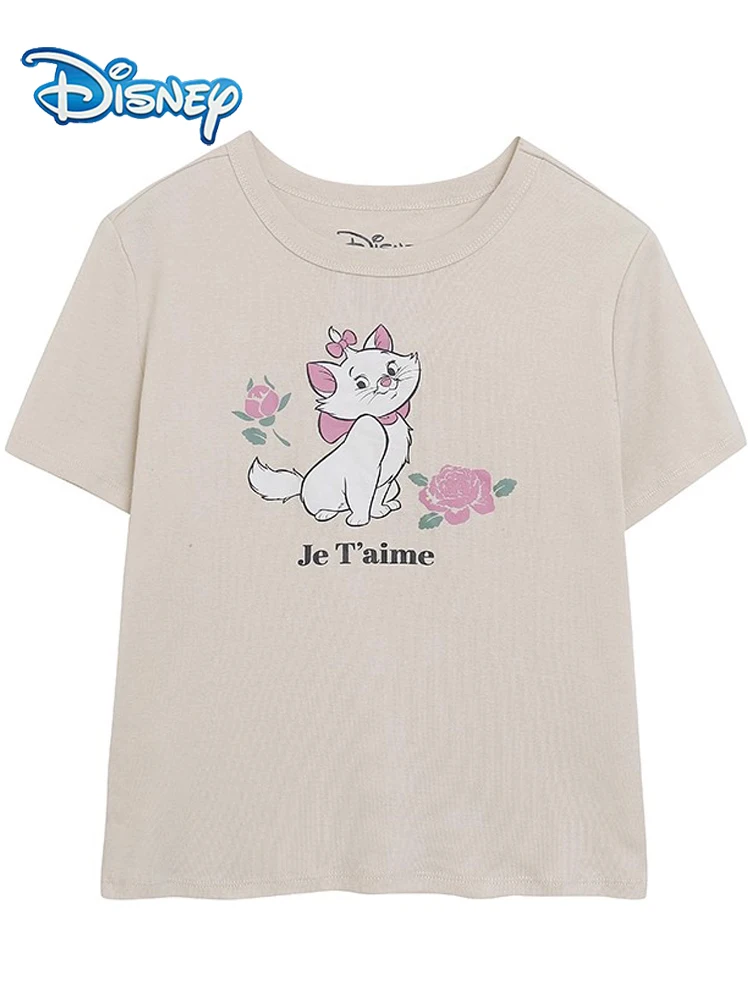 

Disney Marie Cat Letter Cartoon Print T-Shirt Sweet Fashion Women Short Sleeve O-Neck Pullover Cute Tee Tops Female Streetwear