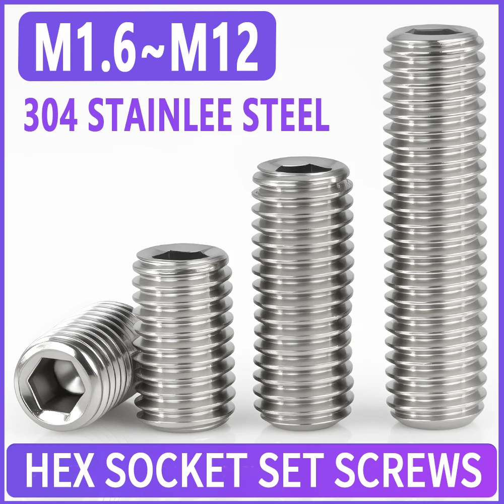 M1.6 M2 M2.5 M3 M3.5 M4 M5 M6 M8 M10 M12 304 Stainless Steel Hex Socket Set Screws Grub Screw Bolt 2~55Pcs DIN916 Headless Bolts
