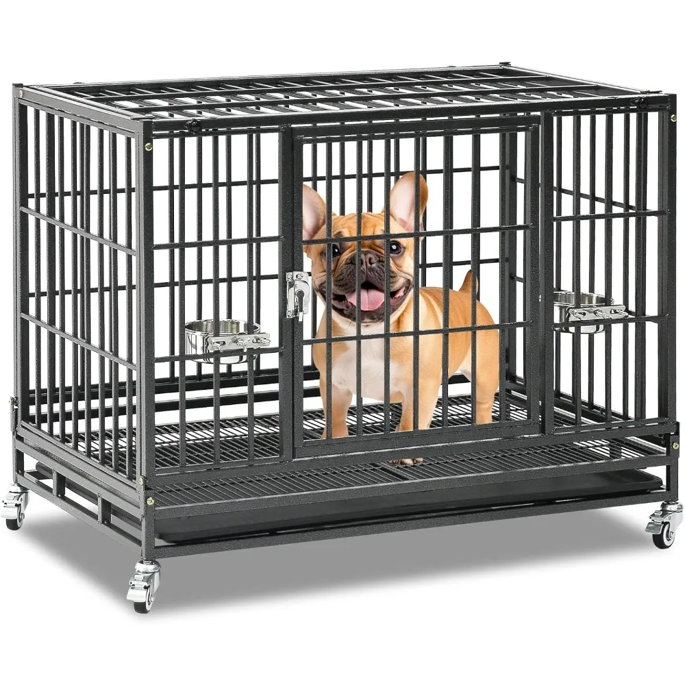 

36 Inch Heavy Duty Dog Crate, Stackable Dog Crate, Indestuctible Escape Proof Dogs Cage Kennel with Pull-Out Tray, Lockable Univ