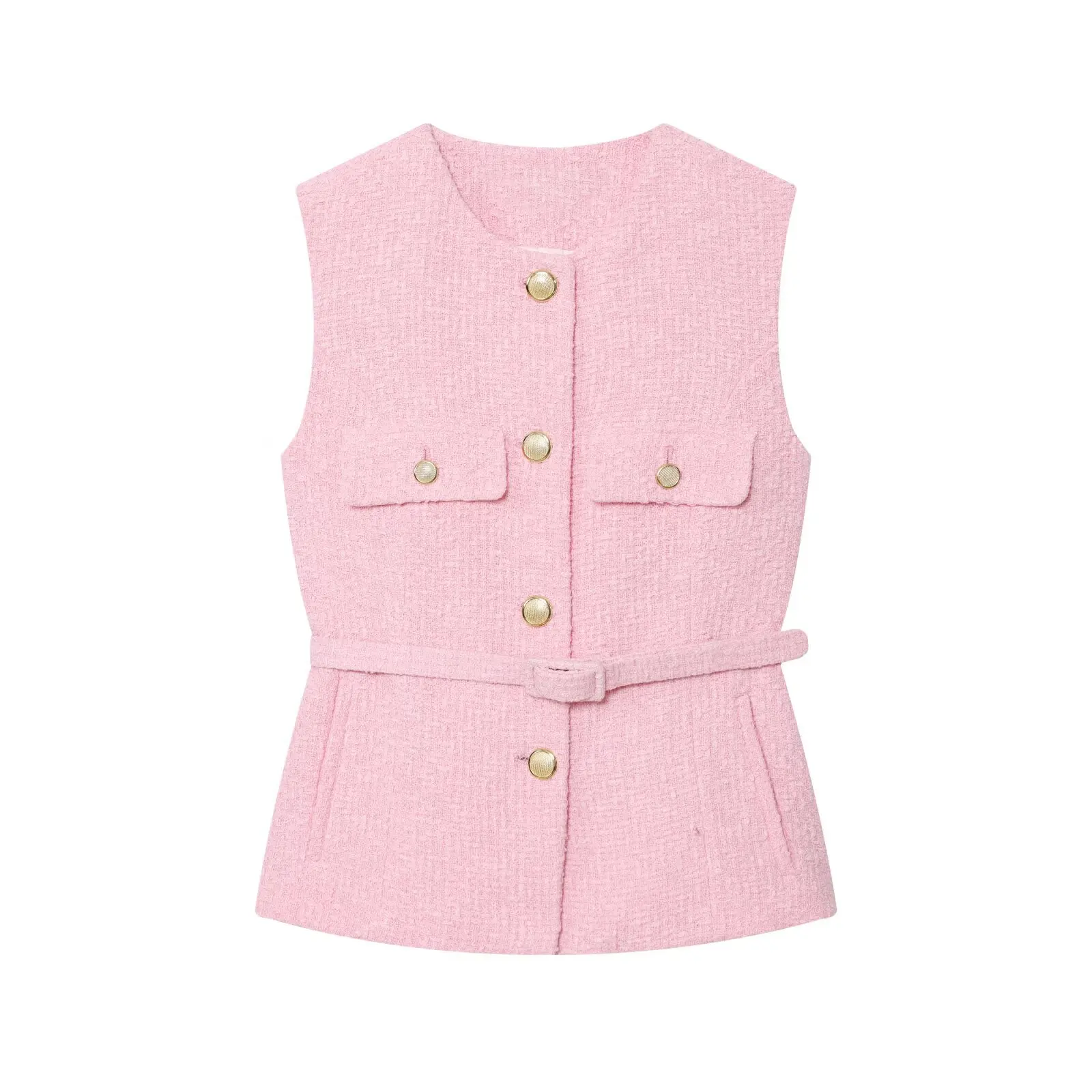 New Pink Sleeveless Round Neck Four Buttons Flap Pocket Belt Waist Tying Coarse Imitation Coat Women Temperament Fashion Style