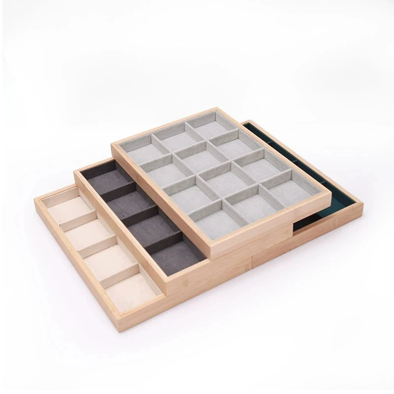 Fashion Bamboo Wood Jewelry Display Tray 12 Grids Necklace Bracelet Earrings Ring Hairpins Storage Trays Counter Showcase Props