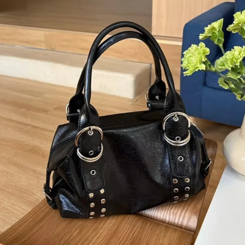 Bolso de hombro con remaches para mujer, de piel sintética, estilo motociclista, bolso femenino, bolso de axila, bolso grande para mujer, negro