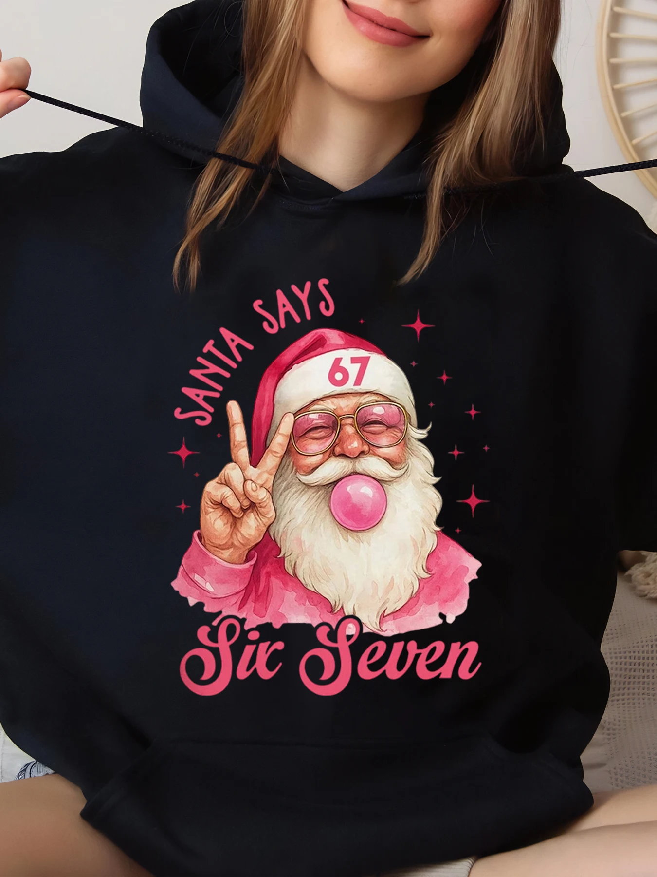 

Санта-Клаус 67, рождественская толстовка с принтом Six Seven, повседневная одежда, черный, большой размер