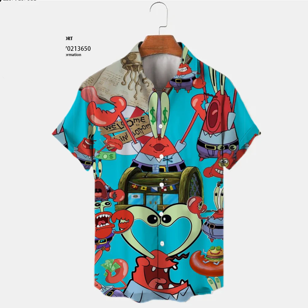 2024 New Harajuku Street Spongebob Cartoon Summer Fashion Casual Trend Versatile Men\'s Lapel Short Sleeve Shirt Top