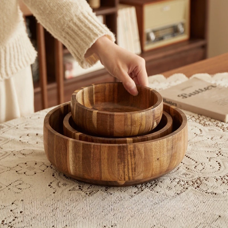 

Wooden Salad Bowl Set Acacia Fruit Dish Ice Cream Dry Food Mixing Bowl Kitchenware
