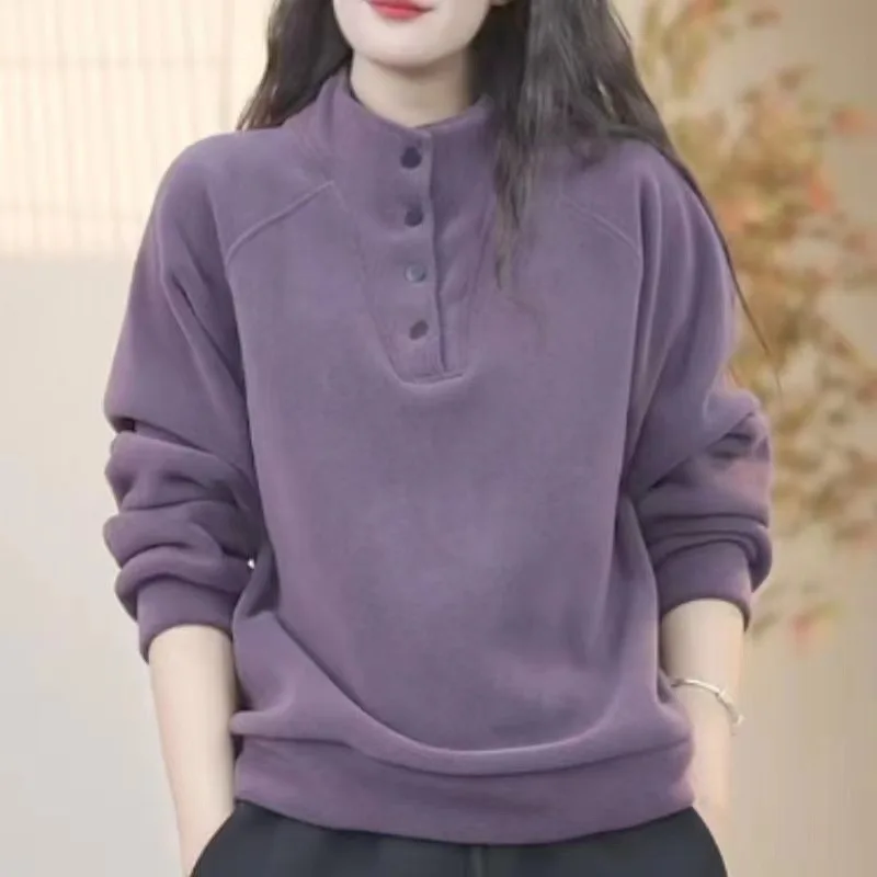 

2025 Women's Autumn and Winter Warm Semi High Neck Hoodie Casual Versatile Jacket Slimming Loose Plus Size Solid Color