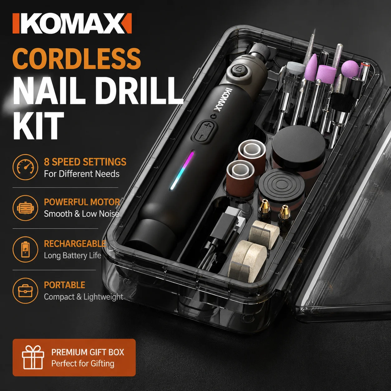 KOMAX Brushless Mini Rotary Tool Kit 8 Speed Adjustable Rechargeable Electric Grinder for Polishing Carving DIY Craft Work