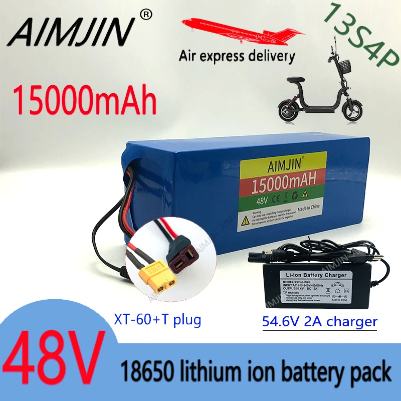 

48V 13S4P18650 Powerful Battery Pack,15Ah Large Capacity Li-Ion Battery,for54.6V BMS electric scooters+54.6V charger XT60 T Plug