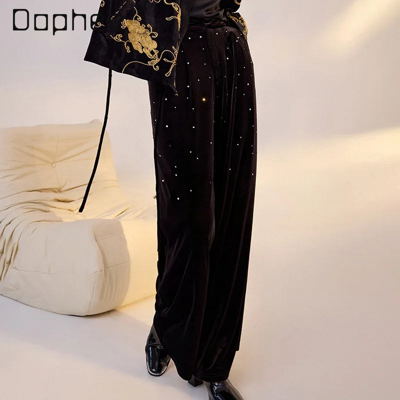 

Осень-зима, модные широкие брюки с бисером, модные свободные повседневные прямые брюки, универсальные черные бархатные брюки в стиле поездок на работу