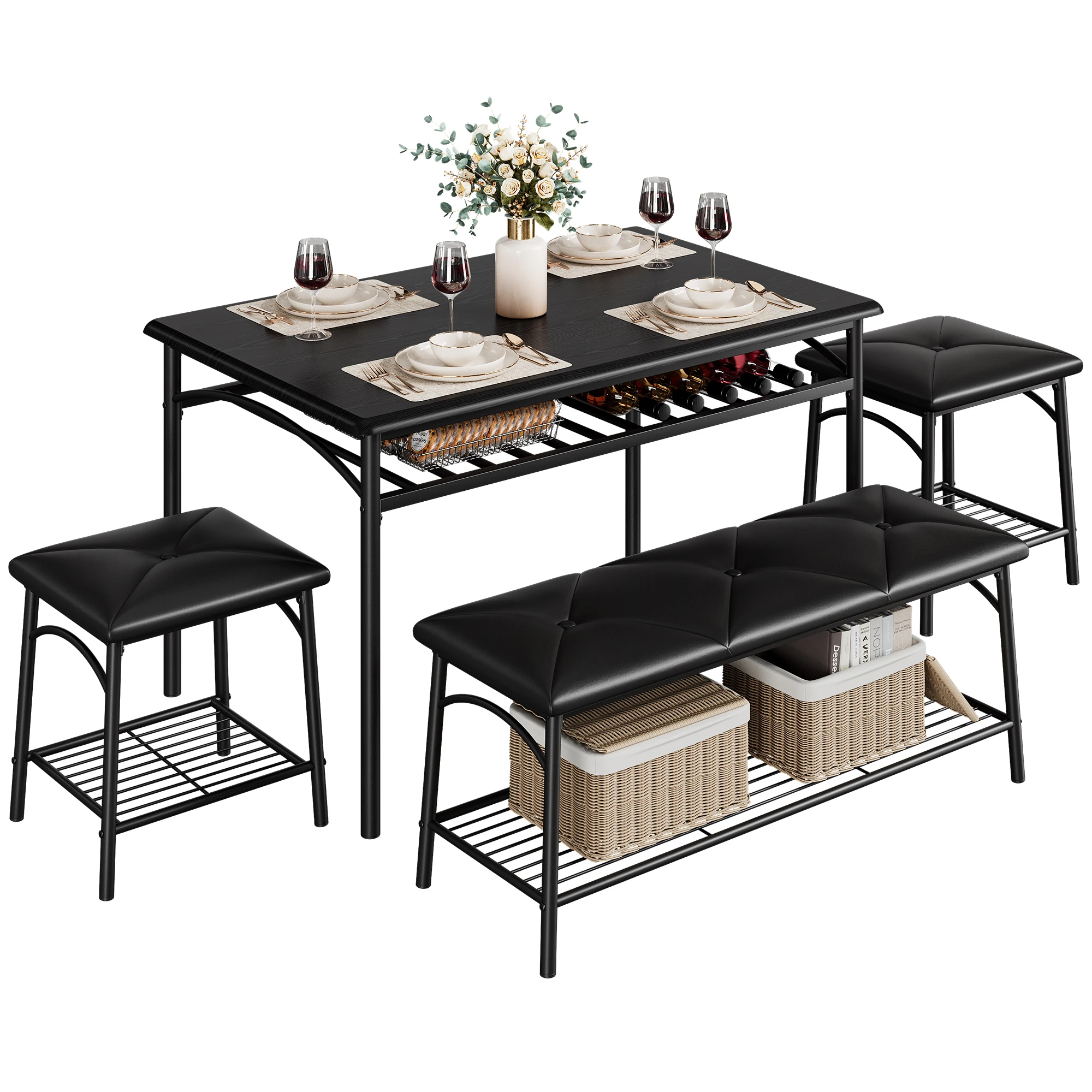 Dining Room Table Set for 4, Metal Frame Kitchen Table Set with Upholstered Bench and 2 Square Stools, 4 Piece Dinette Set