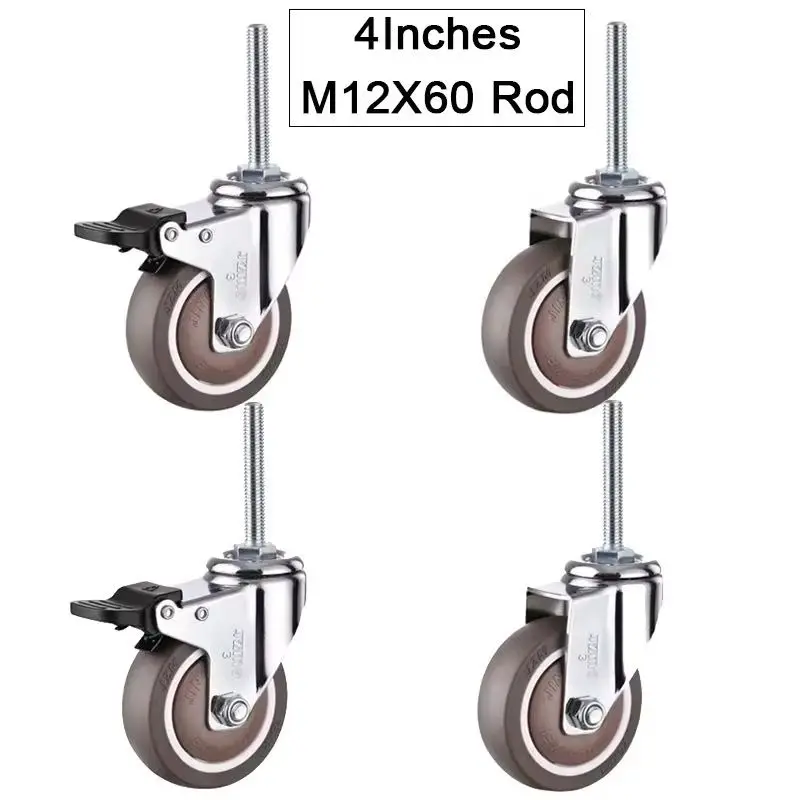 4PCS 4inches Heavy Duty Universal Furniture Casters 360° Swivel Rubber Silent Wheels Rollers with Brake/No Brake Loading 240KG