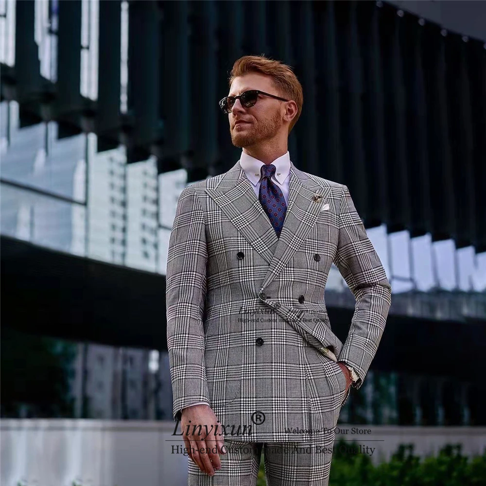 

Classic Grey Plaid Men Suits Double Breasted Business Blazer Slim Fit Wedding Groom Tuxedo 2 Piece Set Jacket Pant Costume Homme