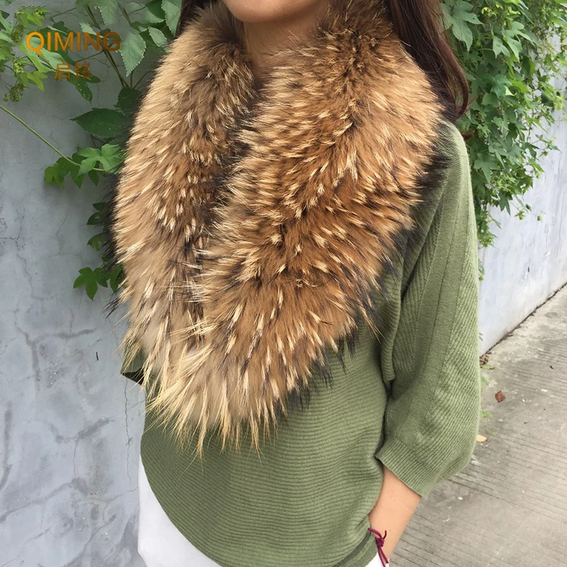 Real Fur Collar Furry Raccoon Fur Scarf Ring Winter Neck Warmer Women Men Jackets Hood Fur Shawl Wraps Fluffy Warm Long Scarf