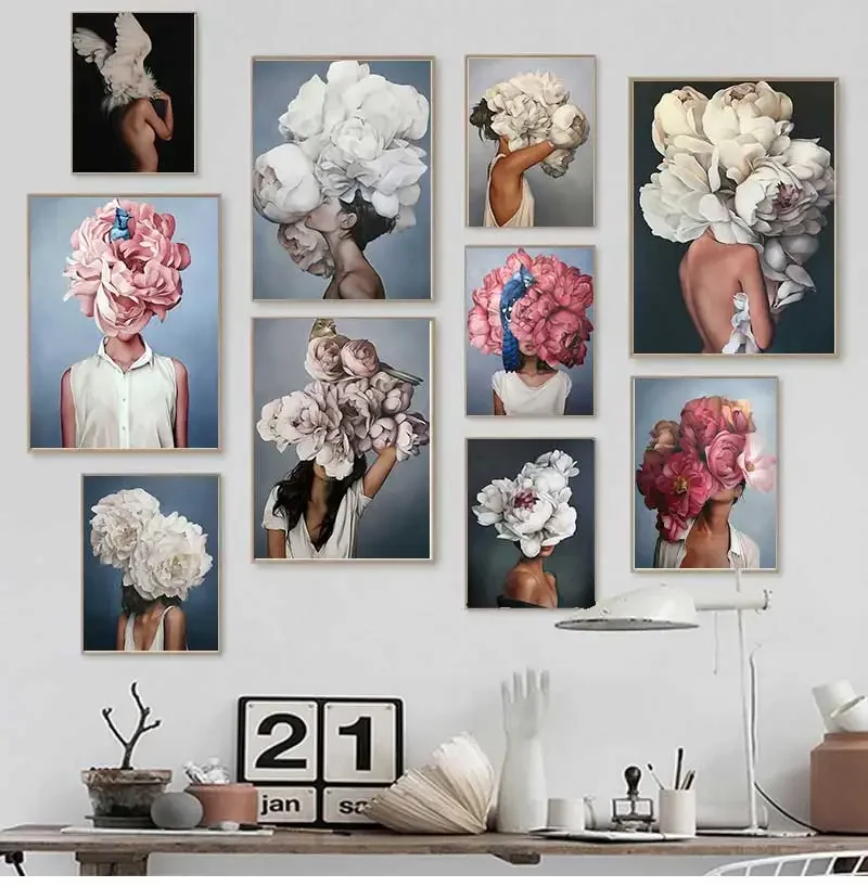 Dekorative Malerei Wohnzimmer Home Dekoration Blumen Federn Frau Abstrakte Leinwand Malerei Wand Kunstdruck Poster Bild