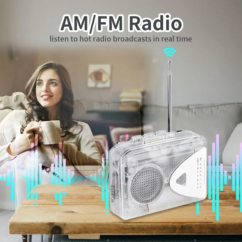 Transparent Cassette Player Stereo FM AM Radio External Speaker Portable Walkman for Home Office Music Listening Retro Audio