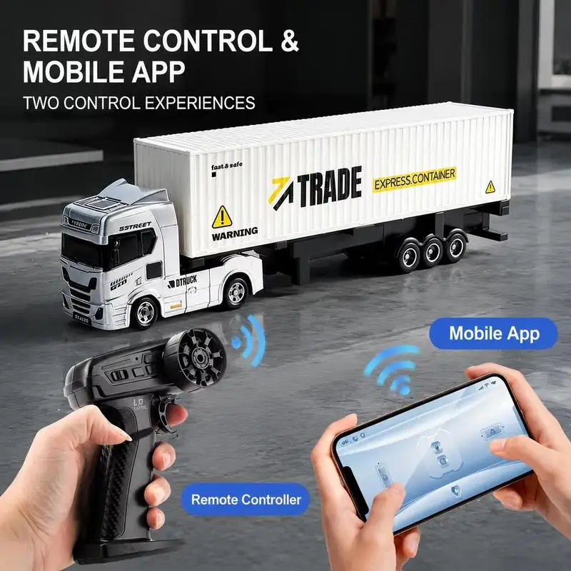 1:64 RC Trailer Truck Combo Set with Container + Flatbed DIY, Includes 2 Mini Cars, Fun Gift for Kids Adults, Full Play RC Toy