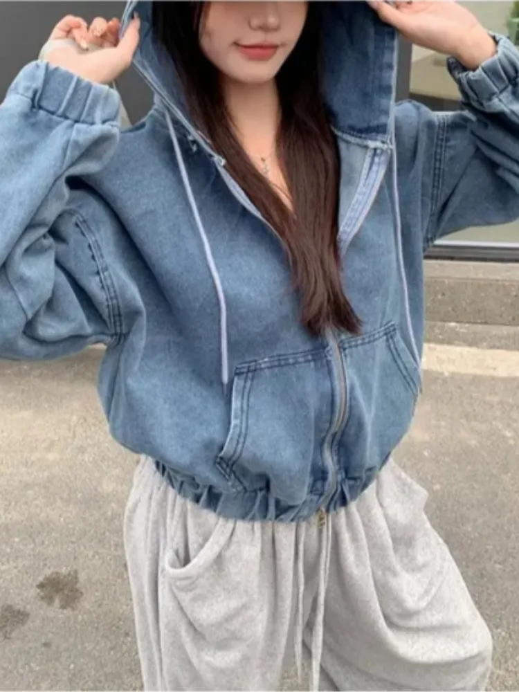 East Gate 2025 春秋 カジュアル クールガール レトロ フード付き ドローストリング 防風 デニムジャケット レディース ファッション ストリートウェア