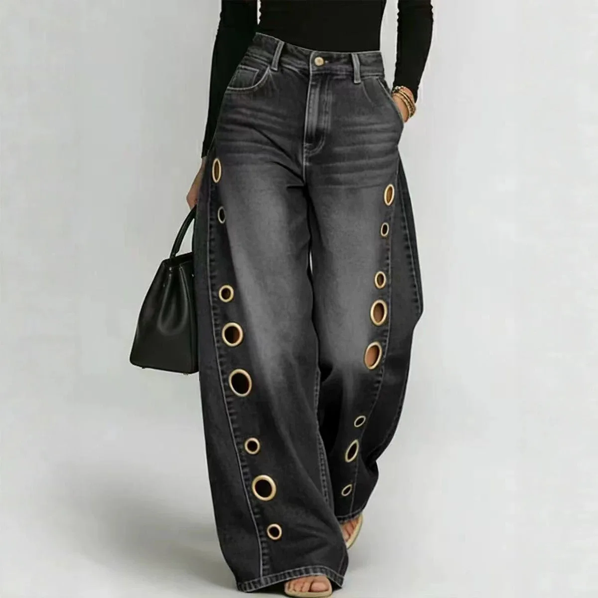 Denim Pant Women Jeans Wide Leg Long Pants Mid Waist Hollow Out Vintage Washed High Street Elegant Work Casual Straight Trousers