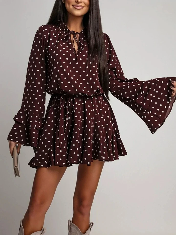 

Temperament Simple Swing Evening Dress Vintage Polka Dot Print Flare Sleeve Dress Elegant Women High Waist Pleated A-line Dress