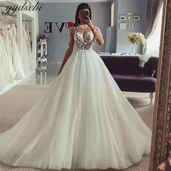 Maßgeschneiderte bezaubernde Prinzessin-Spitzenapplikationen A-Linie Brautkleider 2025, lange Ärmel, Illusion mit Sweep-Zug, Tüll-Brautkleid