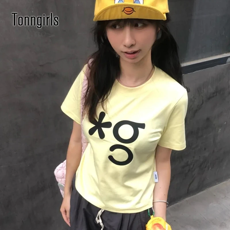 Tonngirls Korean Style T-shirt Women Print Graphic Tops Y2k Vintage Tops 2000s Japanese Aesthetic Tee Tops Summer Grunge Tees