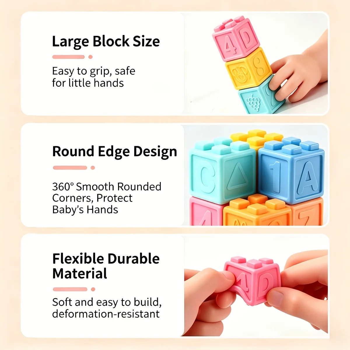 Baby Silicone Stacking Blocks: Colorful with Concave-Convex Textures, Printed Numbers, Letters, Animals & Geometric Patterns