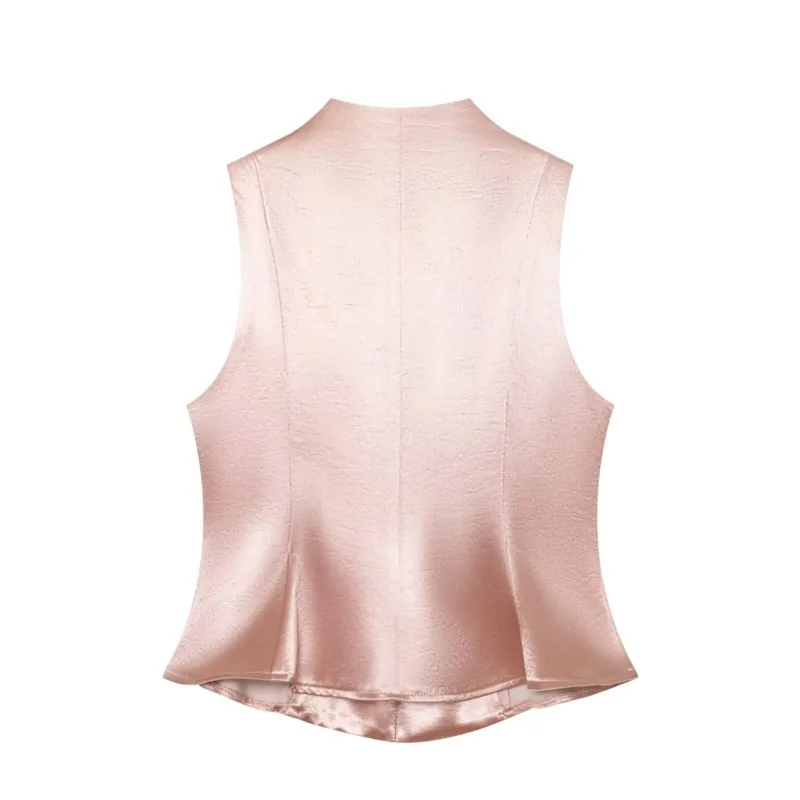 Women's Button‑decorated Top High Waist Pants Summer Fashion Satin Top with Rhinestone Buttons 2 Piece Set Chic Female Outfit