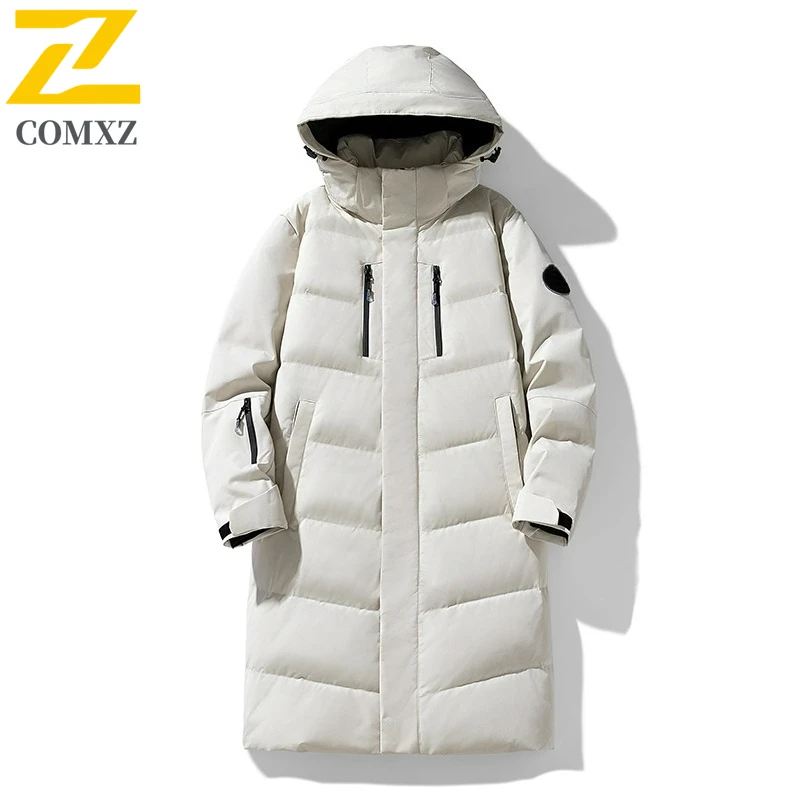 

COMXZ Men Long Down Jacket Fashion Hooded Outdoor Mountaineering Windproof Warm Parka Casual Travel Lightweight Padded Jacket