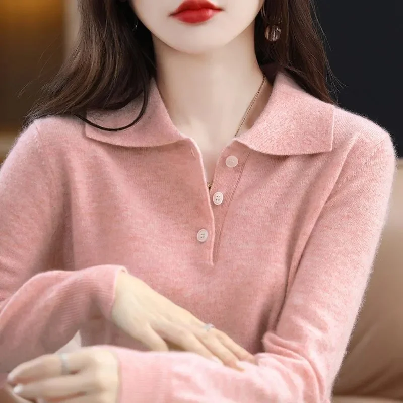 Women Sweater 2023 New Spring Autumn POLO Collar Sweater Knitted Pullover Long-Sleeved Non-Cashmere Jumpers Bottoming Shirt