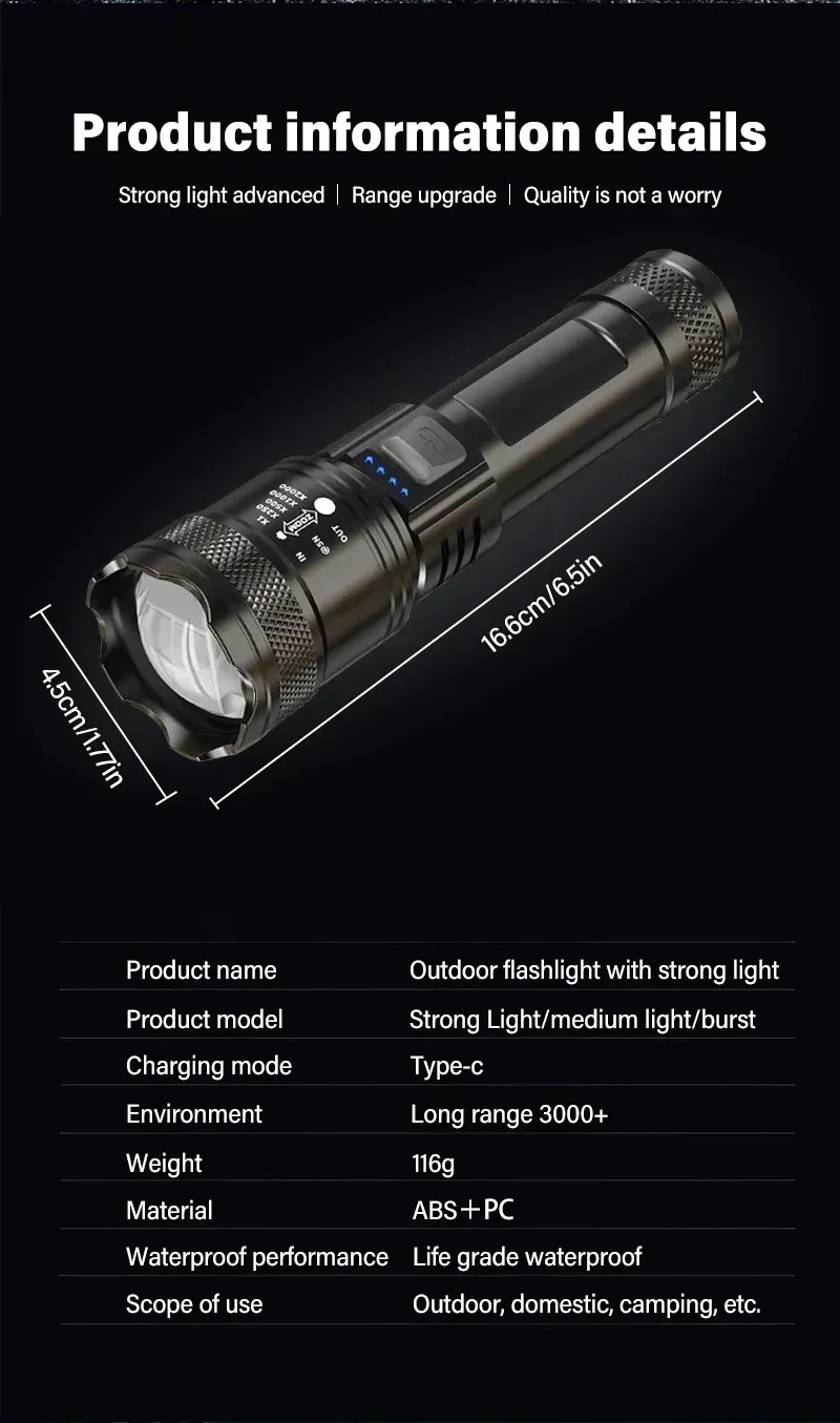 5000LM Ultra Bright Tactical Light Built-in Battery Powerful P70 LED Flashlights Emergency Spotlight Telescopic Zoom Flash Light