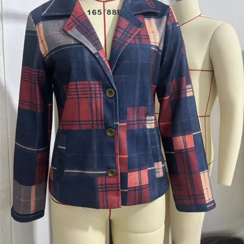 الرجعية منقوشة طباعة المرقعة البدلة سترة أنيقة واحدة الصدر المرأة معطف الخريف طويلة الأكمام جيب القمم الشارع ملابس خارجية #3