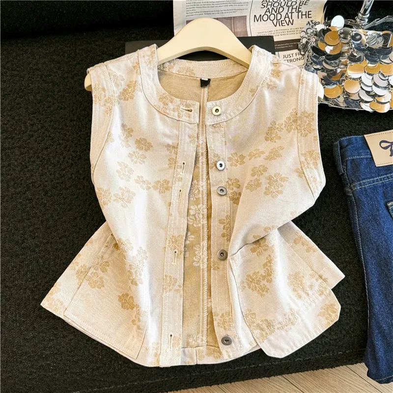 Summer Women Vintage Jacquard Embroidery Apricot Slim Short Denim Vest Round Neck Single-Breasted Sleeveless Cowboy Waistcoat