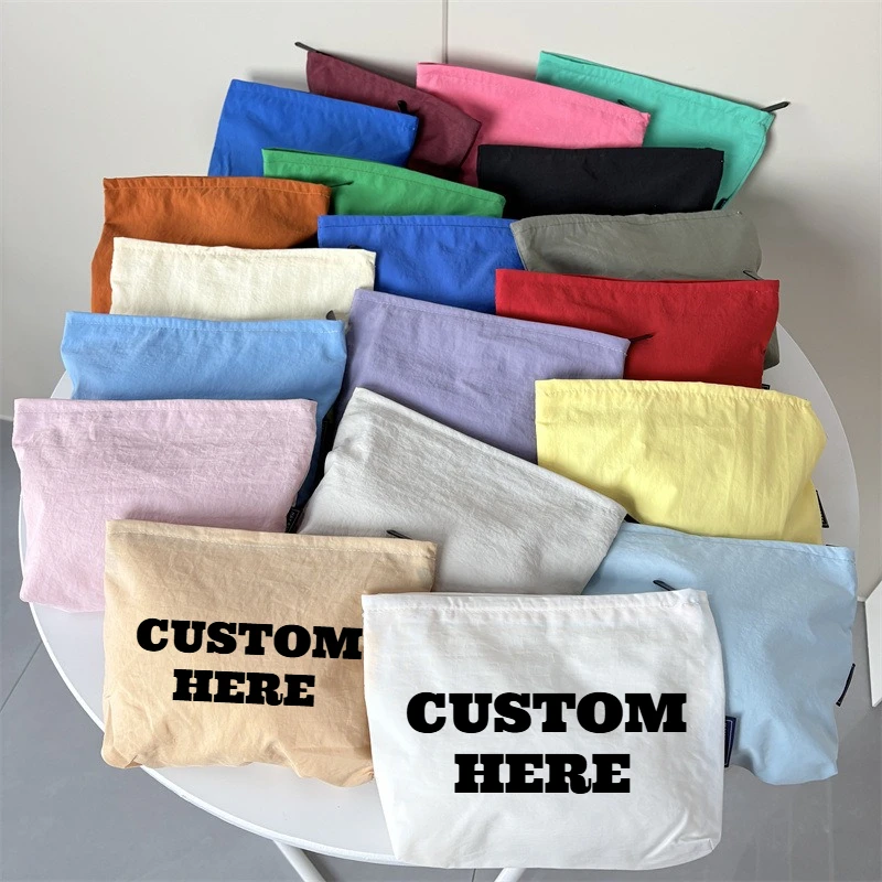 Custom Printed Logo Nylon Cosmetic Bag Simple Solid Color Women's Clutch Large Capacity Zipper Toiletry Storage Bags