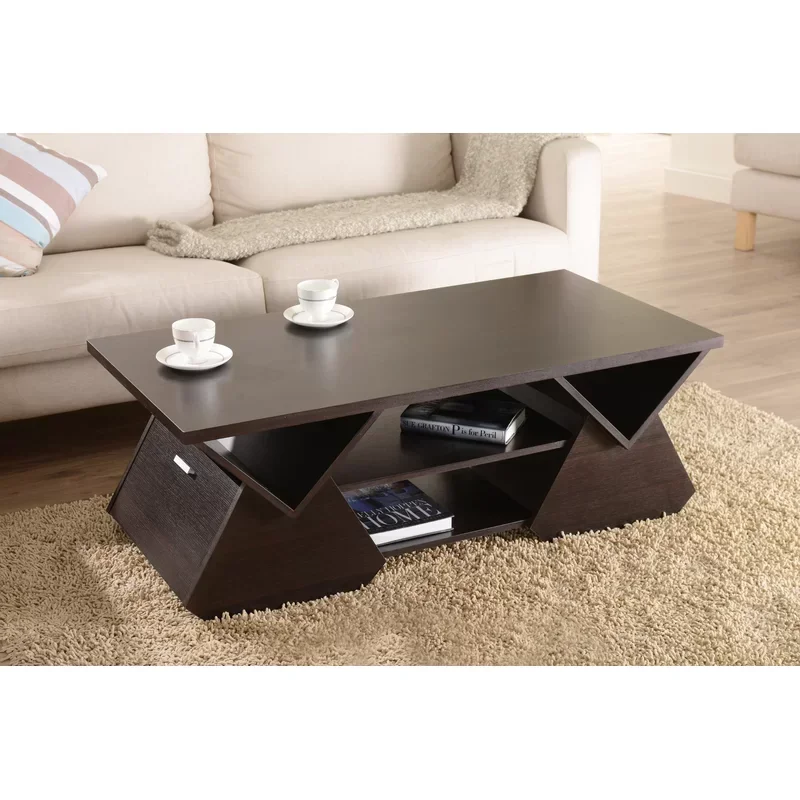 Mesa de café contemporânea armazenamento com várias prateleiras abertas e 2 compartimentos drop down, mesa central para sala de estar