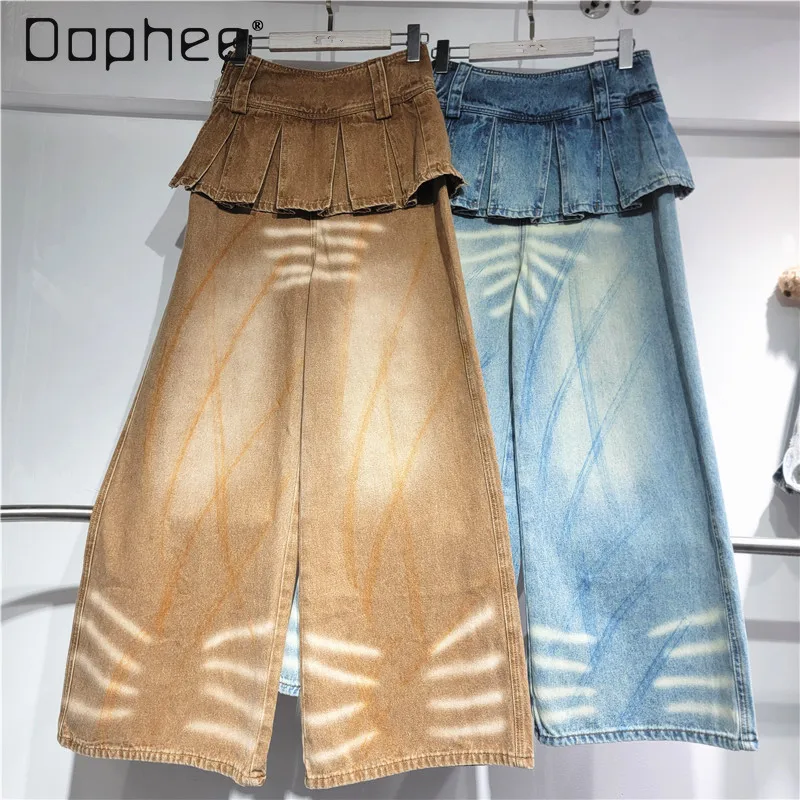 

Y2K Vintage Washed Ruffle Layered Wide Leg Denim Pants Retro Distressed Jeans Women's Streetwear Fashion Denim Trousers