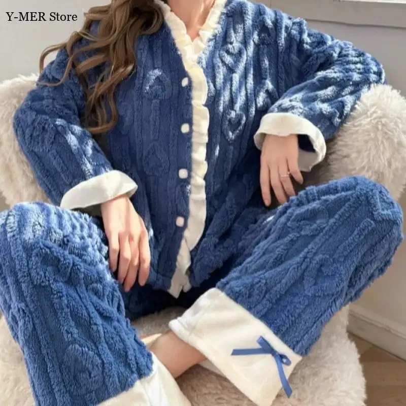 

Jacquard Flower Cotton Fleece Kimono Pajamas Suit Women Warm Thicken Home Clothing Button Down Sleepwear Loungewear Pjs
