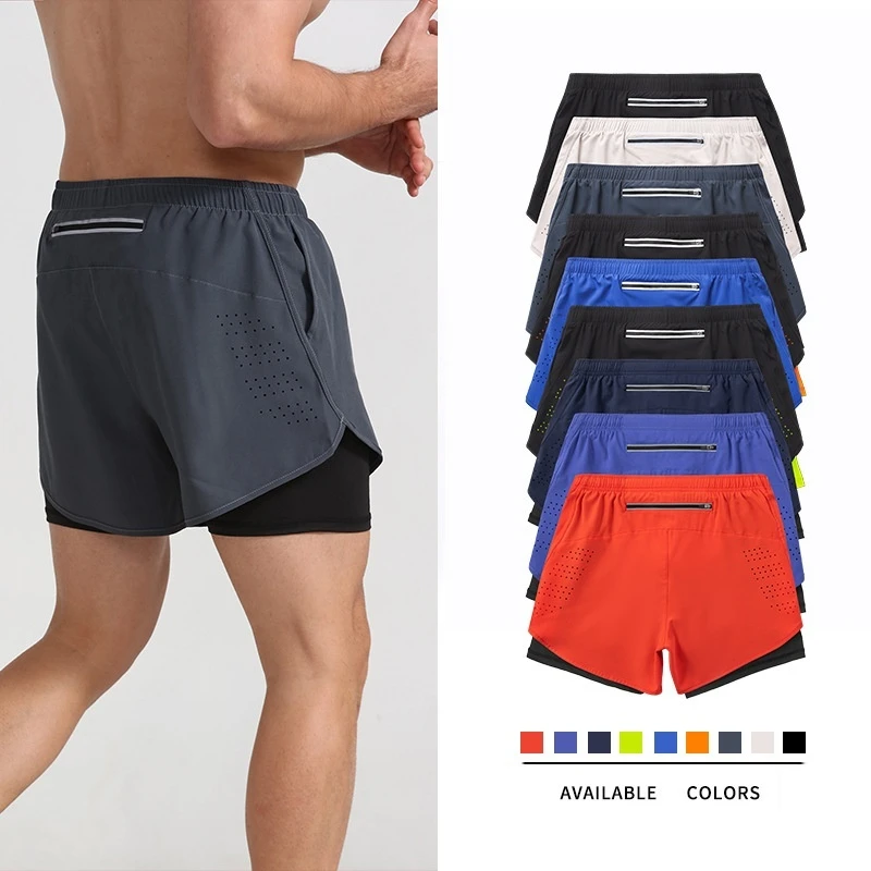 

Mens Double Layer Running Shorts Quick Dry Black Fitness Sport Workout Training Bodybuilding Breathable Summer Gym Athletic Pant
