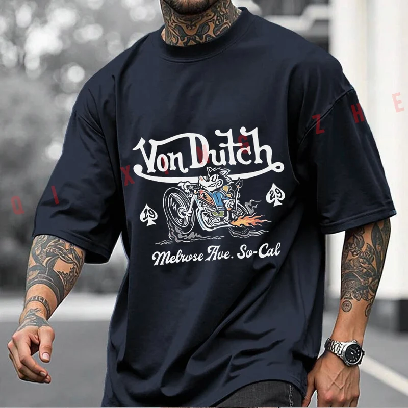 American Retro Motorcycle Cartoon Print Motorcycle T-shirt Men And Women Cotton Casual Tshirt Short-sleeve O-neck Tops