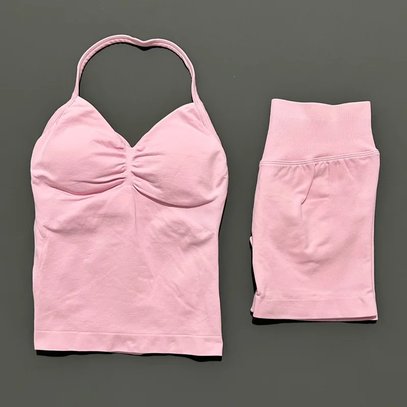 2-delige Histello sportset dames lange top met bandjes naadloze yoga tank scrunch butt workout shorts pak gym sportsets