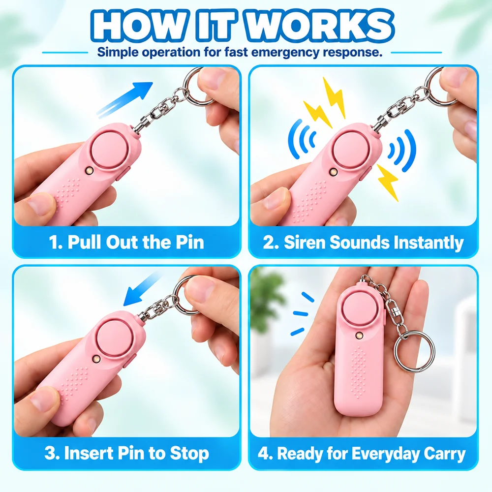 130dB Pink Loud Safety Alarm Keychain, Emergency Siren Pull Pin LED Flashlight, Self Defense Tool For Women Running