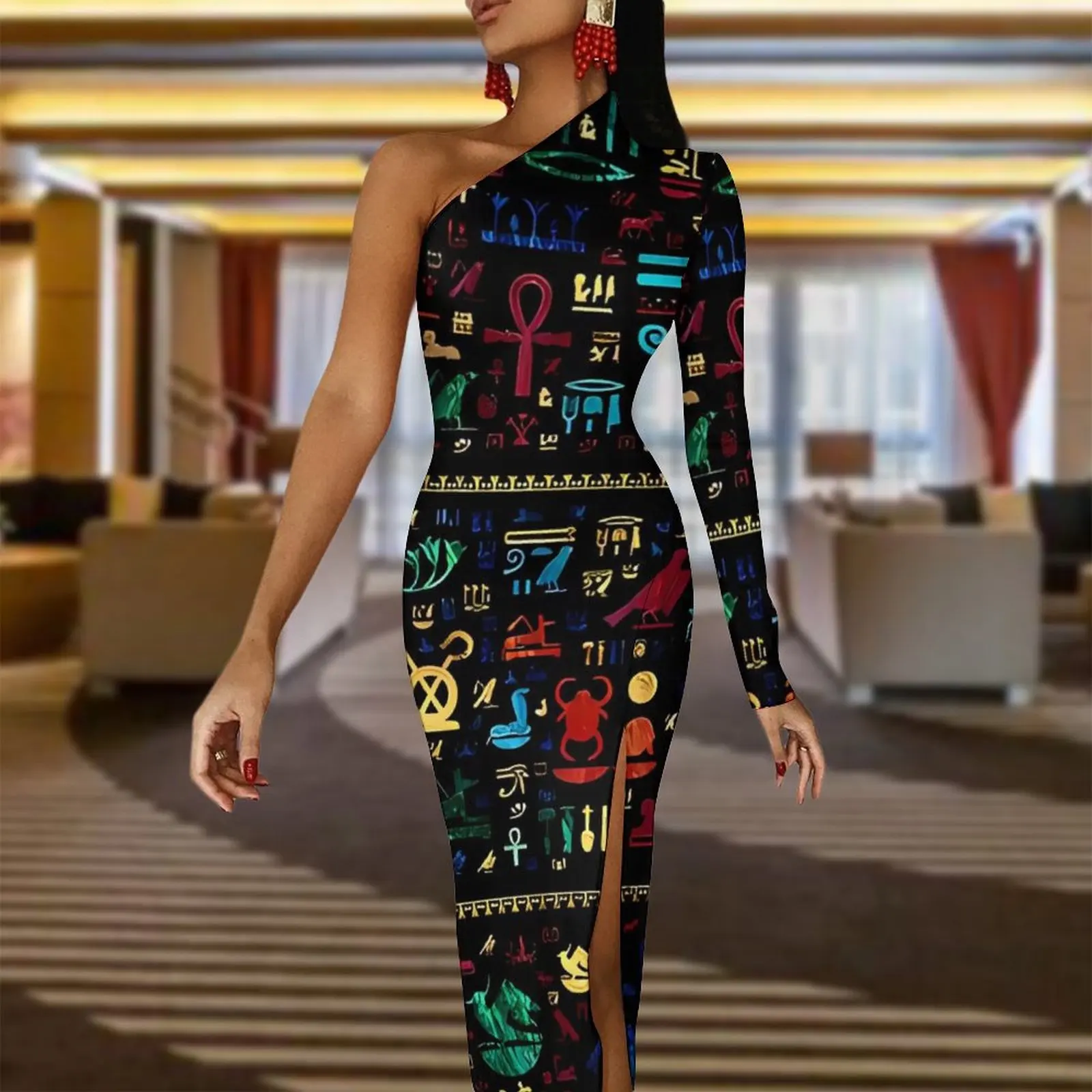 Ancient Egyptian Art Long Dress Women Colorful Marble and Gold Party Maxi Dress Summer Retro Bodycon Dresses High Slit Vestido