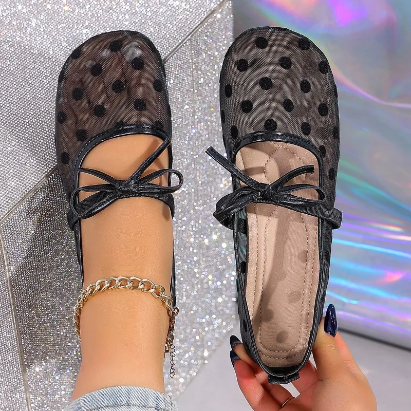 Gentle Bow Mesh Single Shoes Women's 2026 New Round Toe Niche Ballet Flats