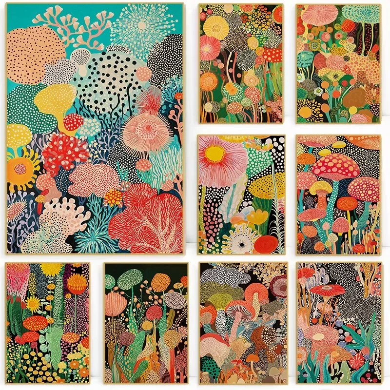 Japan Yayoi Kusama Inspired Botanical Poster Japandi Colorful Floral Polka Artwork Canvas Painting Wall Art for Room Home Dec