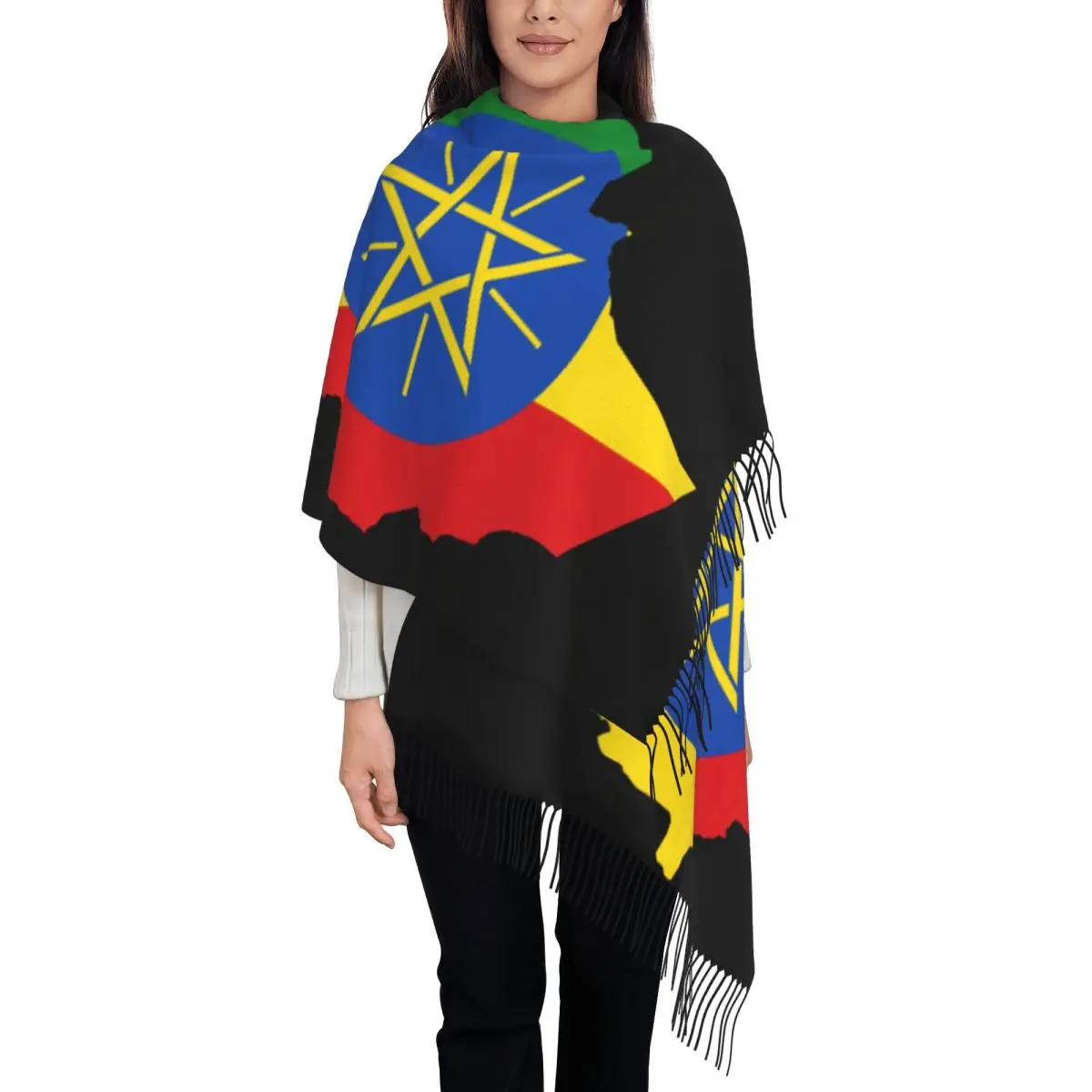 Luxury Ethiopia Flag Tassel Scarf Women Winter Warm Shawls Wraps Female Imperial Scarves