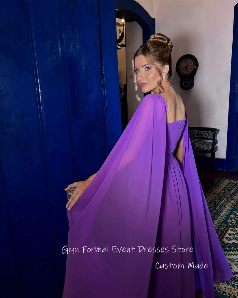 Giyu Sexy Sweetheart Purple Chiffon Evening Dresses Women Wedding Party Long Cape Sleeves Floor Length Prom Gowns Plus Size