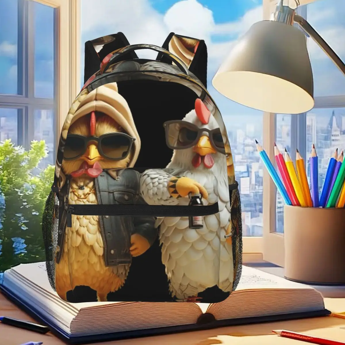 

Cute Rooster And Hen With Sunglasses Backpack Student Boys Girls BookBag Children School Bag Laptop Shoulder Bags for Men Women