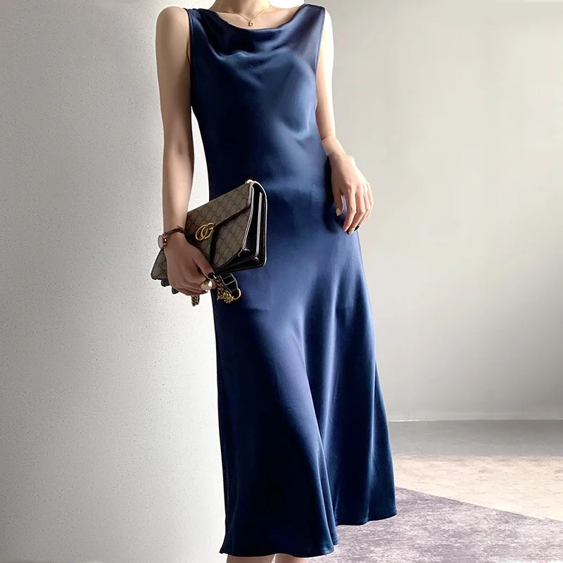 BirdTree, OEKO-TEX 100% Real Silk Dress, Women's Satin Swinging Collar Sleeveless Dresses, 2025 Summer Elegant Dresses D5O110JF