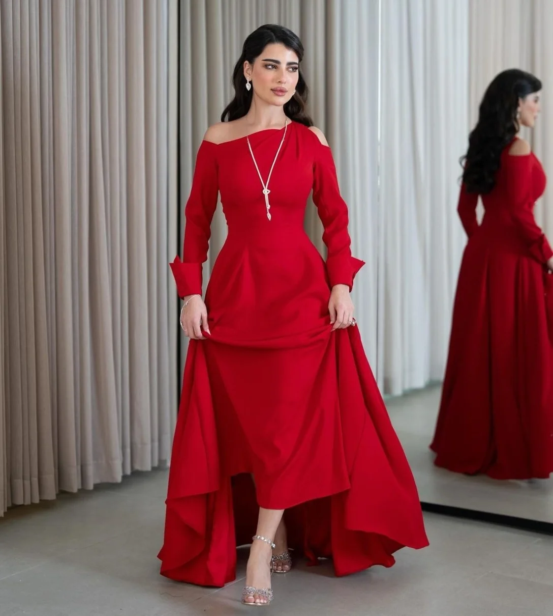 Robe de Soirée Longue en Crêpe Personnalisée avec Manches pour Femme, Sirène, Rouge, Plissée, Longueur au Sol, Bal
